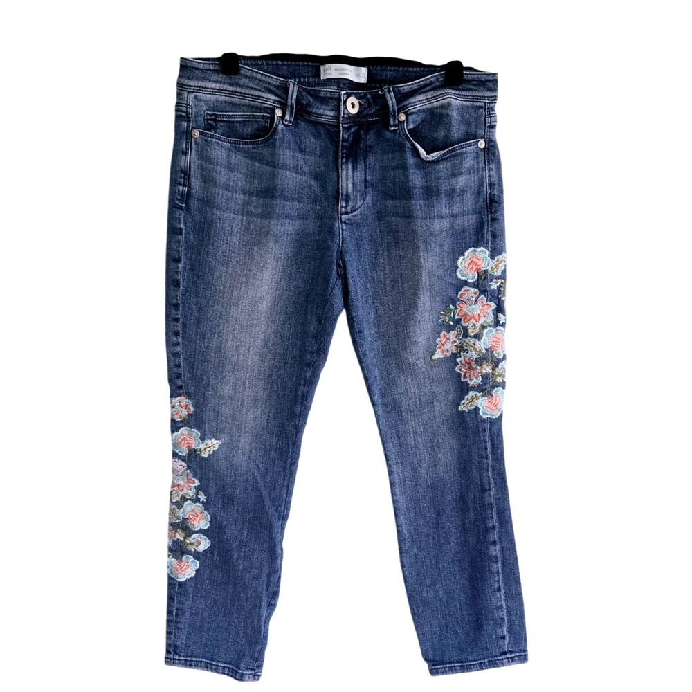 J. Jill Authentic Fit Cropped Jeans Womens 6 Blue Floral Embroidered‎ Mid Rise
